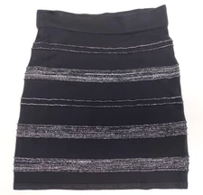 Rock & Republic Black Knit Stretch Mini Skirt Striped Metallic Silver Thread MED