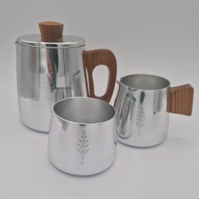 Edelstahl Teeservice Sona Vintage Retro Teekanne Kanne und Zucker Holzgriffe