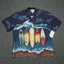 Paradise Found Shirt Mens Large Blue Hawaiian Surf Wave Surfboards Rayon NWT
