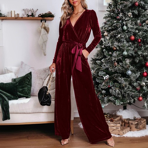Damen Jumpsuit Elegant Samt Overall V-Neck Langarm Einteiler Romper Hoseanzug DE - Bild 6 von 18
