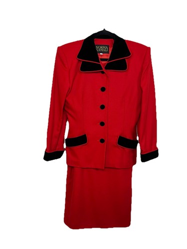 VTG 1980s Norma Kamali Red Wool & Black Velvet Maxi Skirt Suit Set Italy Made 8 - Picture 10 of 23
