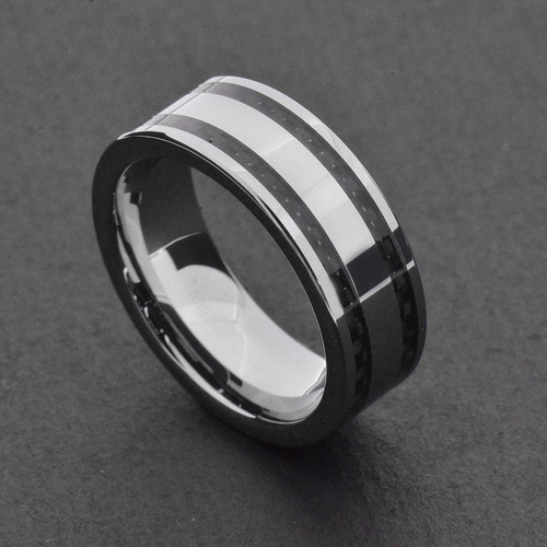 8mm Tungsten Carbide Black Carbon Fiber Inlay Shiny Flat Top Men Wedding Band - Bild 1 von 8