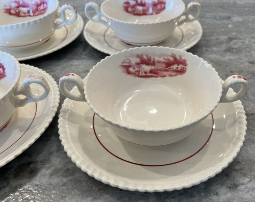 4 Copeland Spode Red Pink Transferware Pastoral Cow Cream Soup Bowls & Plates - Picture 2 of 8