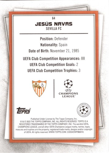 2022-23 Topps UEFA Superstars 64 Jesus Navas Fire & Ice Limited - Imagen 2 de 2