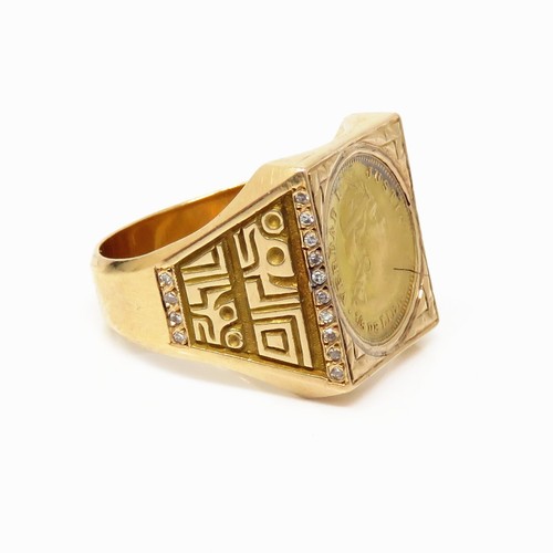 NYJEWEL Peru Gold Coin 18k Yellow Gold 28 Diamonds Signet Ring - Picture 3 of 6