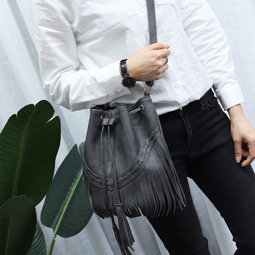 Women Fashion Tassel Drawstring Shoulder Bag Crossbody Bag PU Leather - Picture 17 of 18