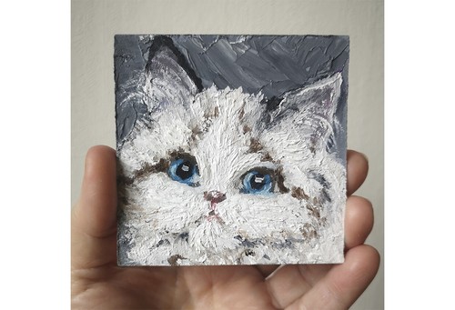 Katze Original Miniatur Ölgemälde Karton Impasto 100% Handkunstwerk 3,5x3,5 - Bild 4 von 4