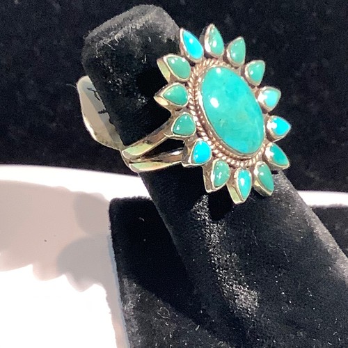 OVAL TURQUOISE BURST SOUTHWESTERN DESIGN DOUBLE STACKED BAND STERLING RING - Picture 5 of 5