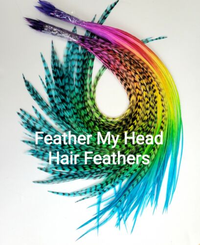 Feather Hair Extension Kit, (6) Long Multi Colored Feathers - Butterfly Kisses - Picture 1 of 7
