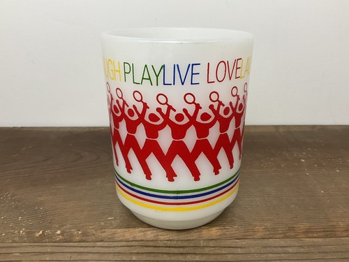 Milk Glass Tennis Rainbow Mug Vtg 80’s Live Love Laugh Play Anchor Hocking USA - Picture 4 of 22