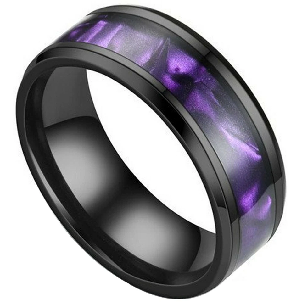 Anillo de boda de amatista sintética negro de acero inoxidable púrpura para hombre y mujer Foto 2 de 4