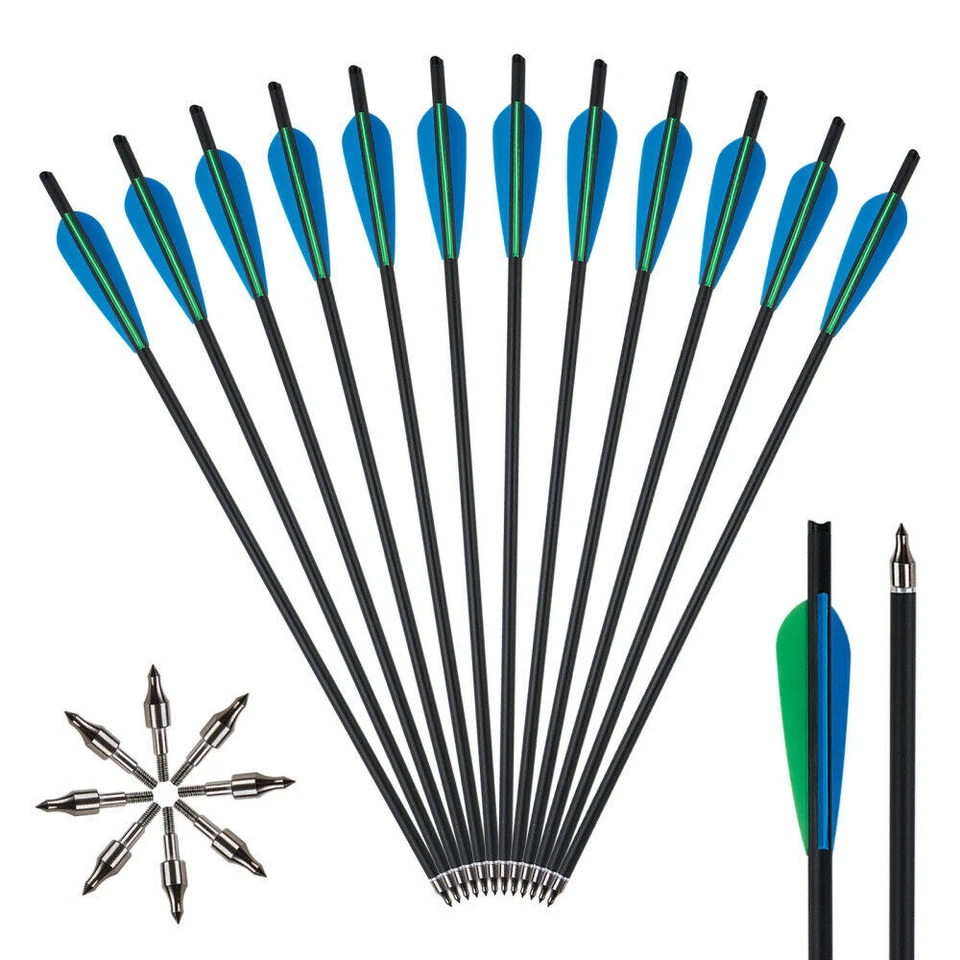 12Pcs 20" Carbon Crossbow Bolts Arrows & 12Pcs Crossbow Broadheads Set Hunting - Image 2 of 4