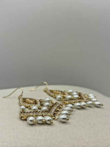 Orecchini Champagne Topazio Opale Strass Imitazione Perla Lampadario Tono Oro - Foto 11 di 20