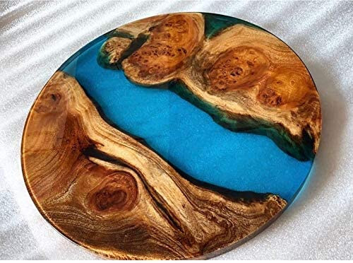 Blue river epoxy coffee table, wooden resin river table, handmade kitchen table-image