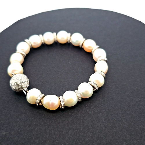 750 Weißgold Perlen Armband mit Diamanten , 21cm lang 117875 - Video 1 von 1