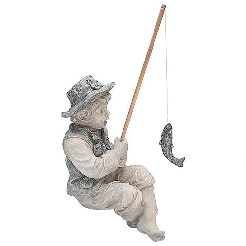 Kindheitstage des Angelns gefangener Fisch kleiner Junge Kind Garten Schreibtisch Statue - Bild 6 von 6