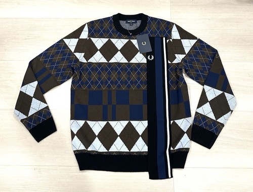 Fred Perry Argyle Wool Jumper Preppy Crew Pullover Knit Sweater Mens XL New - Picture 1 of 9