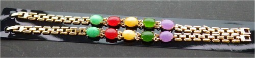 Lavender Green Red Yellow Real Jade Cabochon Beads Gold Plated Bangle Bracelet - Picture 3 of 8