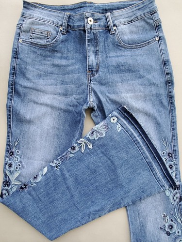 Womens Chic Floral Embroidered High-Rise Bell Bottom Flare Jeans Broad Feet Long - Picture 29 of 30