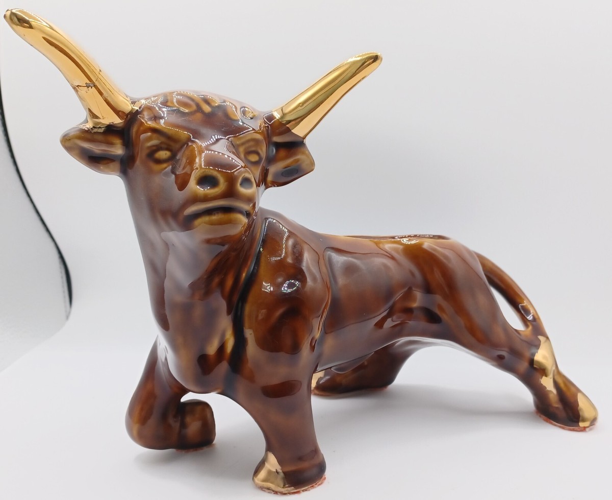 Vintage Mid Century Modern Black Bull Planter With Gold