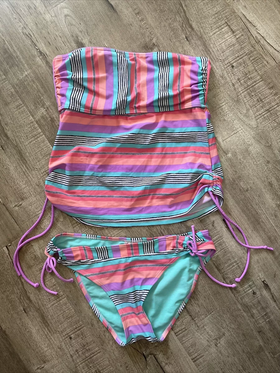 Juniors So Brand Two Piece Tankini Bathing Suit String Tie Bikini Pink Neon 80s