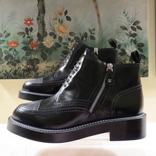 New Authentic Chanel Black & Gray Leather Zip Ankle Motorcycle Boots 40.5/10.5