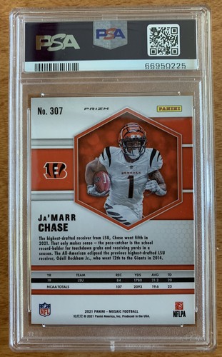 Ja'Marr Chase RC, Reactive Orange #307 - 2021 Panini Mosaic PSA 10 GEM MT POP 74 - Photo 2 sur 2