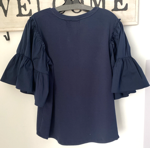 CHICO'S Size 1- US "M" Navy Blue Tiered Ruffle Sleeve Crew Neck Cotton Top - Picture 7 of 12