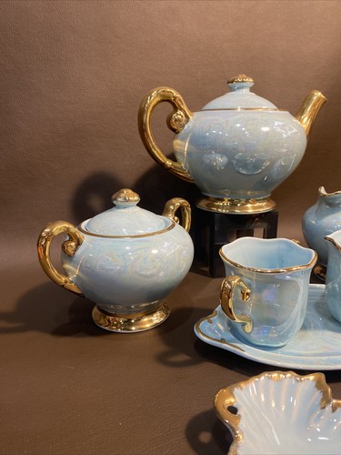 Vintage Acme Craftware Blue 22k Gold Lusterware Tea Set 10 Pieces - Picture 3 of 24