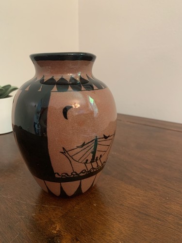 Griechische Mythologie glasierte Keramik Vase schwarz/orange Kpnta Insel Boot Vogel - Bild 2 von 11