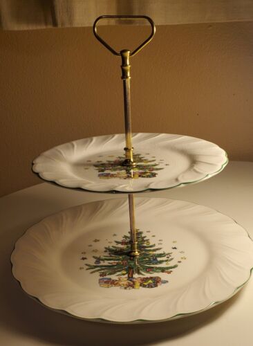 Nikko Happy Holidays Christmas Tree Tiered Appetizer/Dessert Tray w/ Gold Handle - Picture 2 of 8