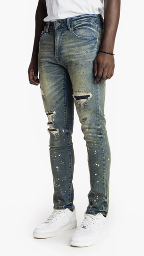 Men SMOKE RISE RIP AND REPAIR OIL BLUE MEN JEANS (JP22116OBL) Sz 32x32 ~ 44x32 - Picture 3 of 9
