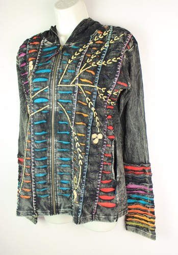 Hippy Boho Hoodie Patchwork Jacket Razorcut Embroidery Top Festival Cotton PJ11 - Picture 2 of 3