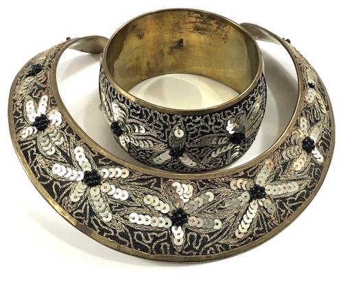 Brass Jewelry Set Sequin Beaded India - 15 in Necklace & 7 in Bracelet - Picture 8 of 21