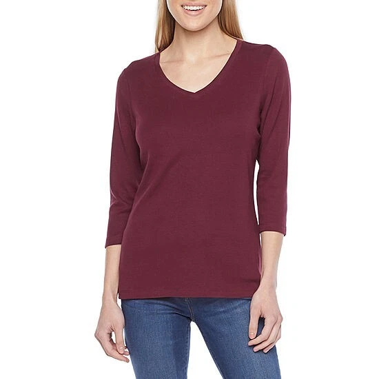 St. John s Bay Women s Size XX Large V Neck 3 4 Sleeve T Shirt Deep Ruby