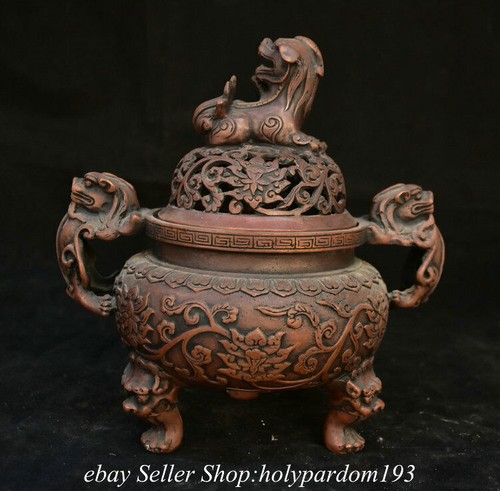 8.8" Marked Old Chinese Brone Dynasty Lion Lid Dragon incense burner Statue - Picture 10 of 12