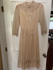 Vintage Lace Ivory Colored Dress, Lined, High Neckline, Button Down w/Tie Belt