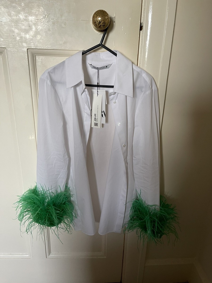 米 ZARA POPLIN SHIRT WITH FEATHER APPLIQUÉS WHITE GREEN 2055