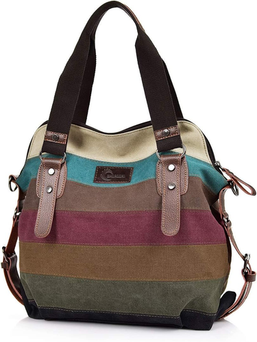 Borsa a Mano Da Donna, a Tracolla in Tela a Righe, Multicolore, Borsa a Tracolla - Foto 10 di 12