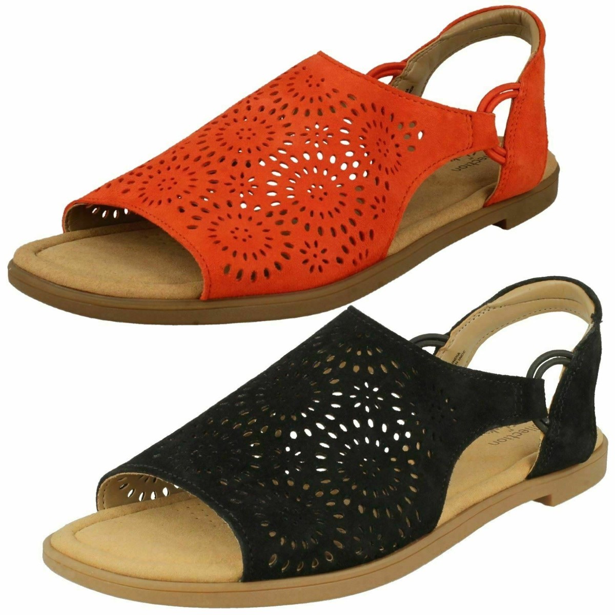 LADIES CLARKS REYNA SWIRL SUEDE SLIP ON CASUAL COMFORT MULE FLAT SLING SANDALS