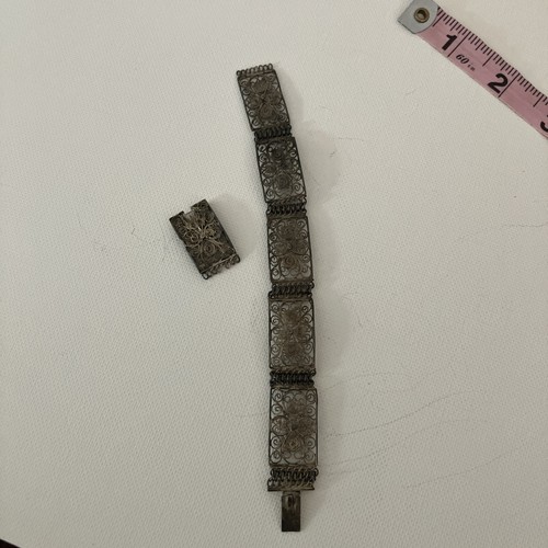 Antique 1920s Sterling Silver Filigree Panel Bracelet Jewelry As Is