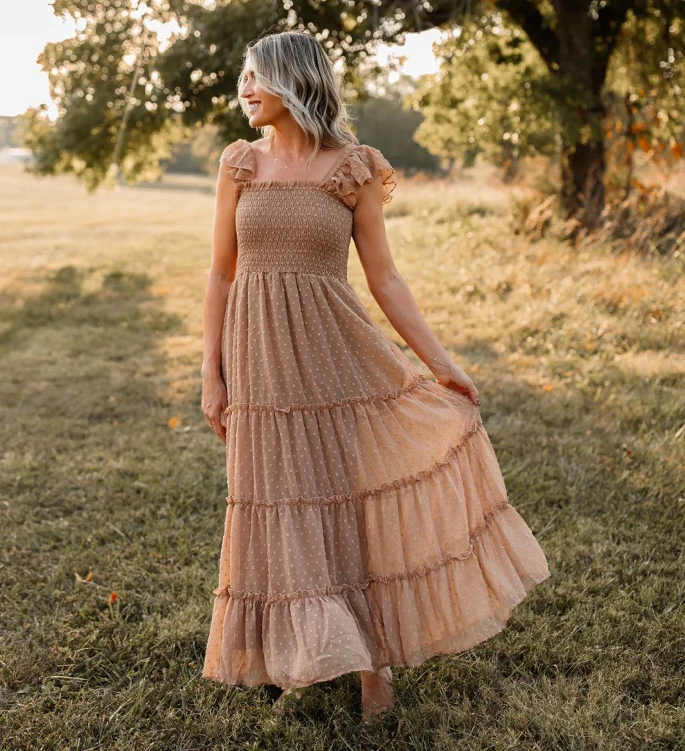 indie designer dresses for Women for sale The best Color:Teak Brown Fashion dresses cute women's dresses Beige Floral Midi Dress
