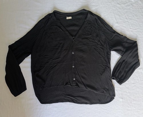Hollister Button Up Blouse Womens Medium Black Puff Sleeve Lightweight - Picture 3 of 8