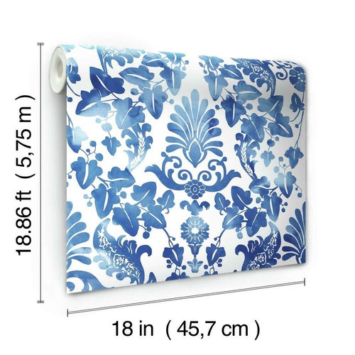 RoomMates RMK11597RL Blue Vine Damask Peel and Stick Wallpaper - Picture 5 of 8