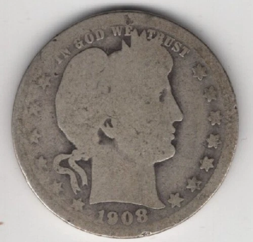 1908 P BARBER QUARTER DOLLAR 90% SILVER PHILADELPHIA .25¢ UNITED STATES AMERICA