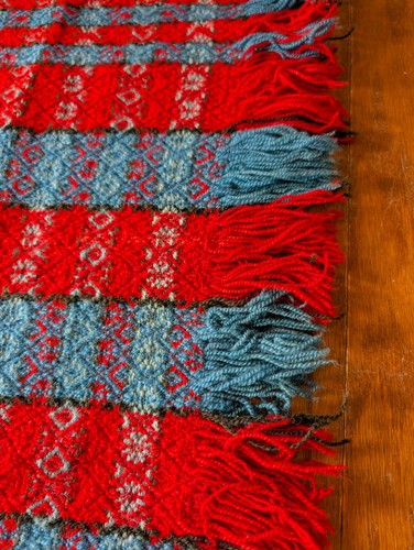 Antique Wool Blue & Red Loom Woven Jacquard Coverlet Americana 84x70" - Picture 8 of 24