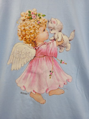 Vintage 1999 Angel Cat Kitten Art Print T Shirt 90s Blue Graphic - Picture 2 of 5
