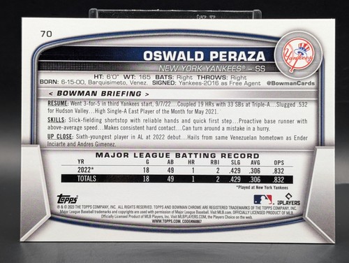 2023 Bowman Chrome Oswald Peraza RC Mojo Green Refractor /99 - New York Yankees - Picture 2 of 2