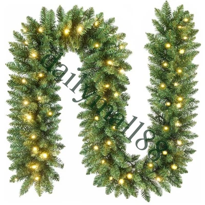 TKOOFN 9ft Bushy Pine Christmas Garland with Lights For Stairs Outdoor Xmas Decorations