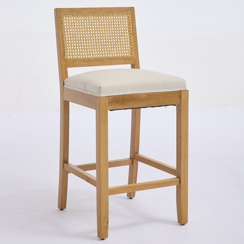 Set of 2 27.9" H Linen Fabric Barstools Solid Wood Rattan-Back Bar Chairs Beige - Picture 3 of 23